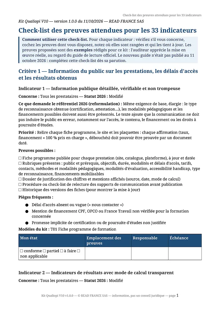Page 1 de la check-list D02 des preuves attendues pour les 33 indicateurs : l'indicateur 1 avec ses preuves à cocher, ses pièges fréquents et une grille de suivi.