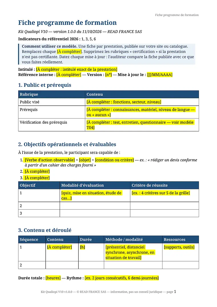 Modèle T01, fiche programme de formation : rubriques public et prérequis, objectifs évaluables, contenu et déroulé, zones à compléter surlignées en jaune.