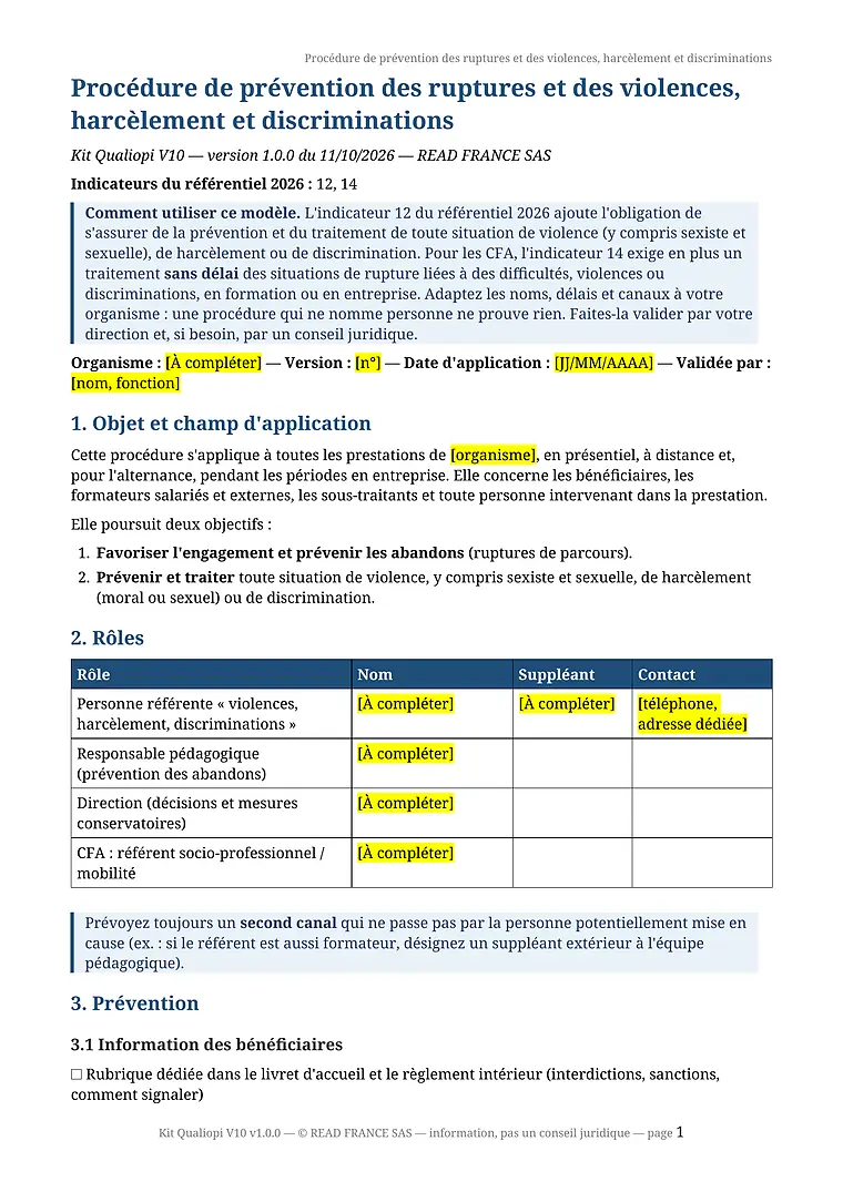 Modèle T07, procédure de prévention des ruptures, des violences, du harcèlement et des discriminations : page 1 avec l'objet, les rôles et la prévention.